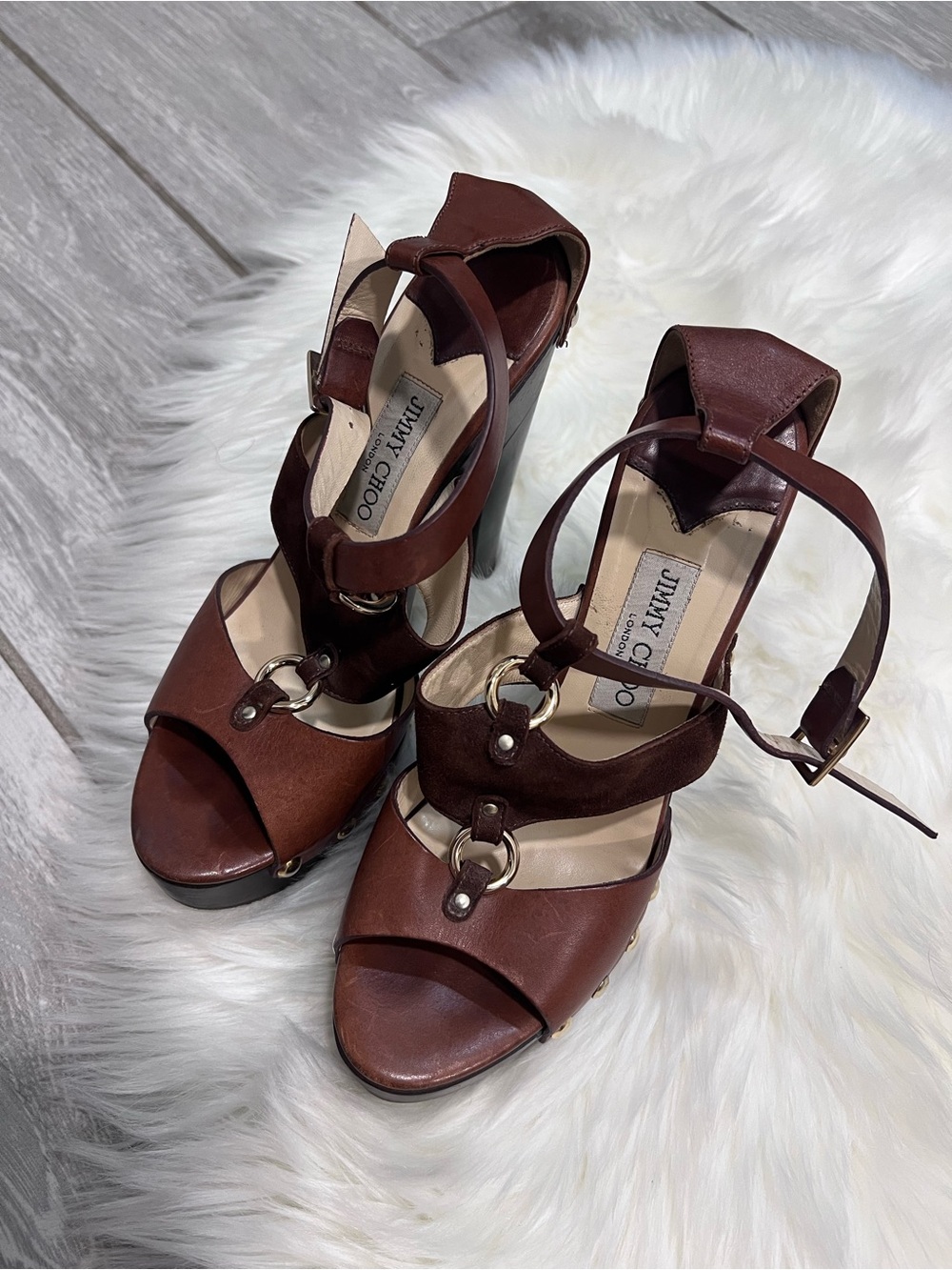 Jimmy Choo Brown Leather & Suede Open-Toe Ankle-Strap Heels